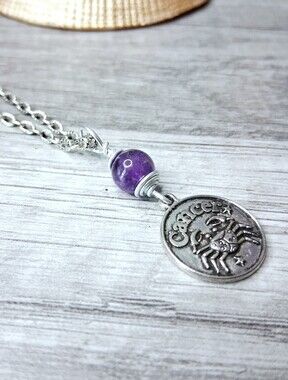 Amethyst Cancer Zodiac Choker Necklace Beaded Pendant